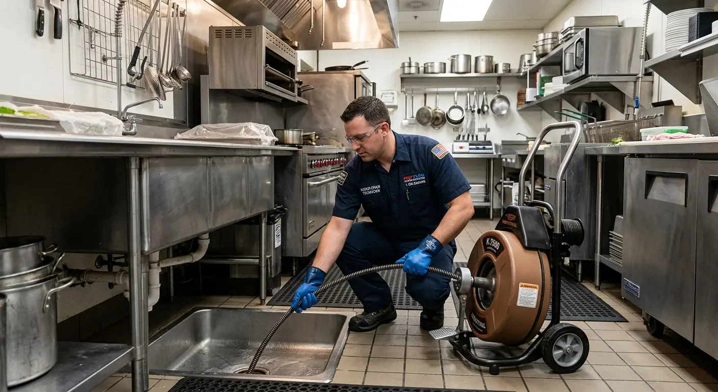 Commercial drain cleaning service in a restaurant kitchen in Livingston