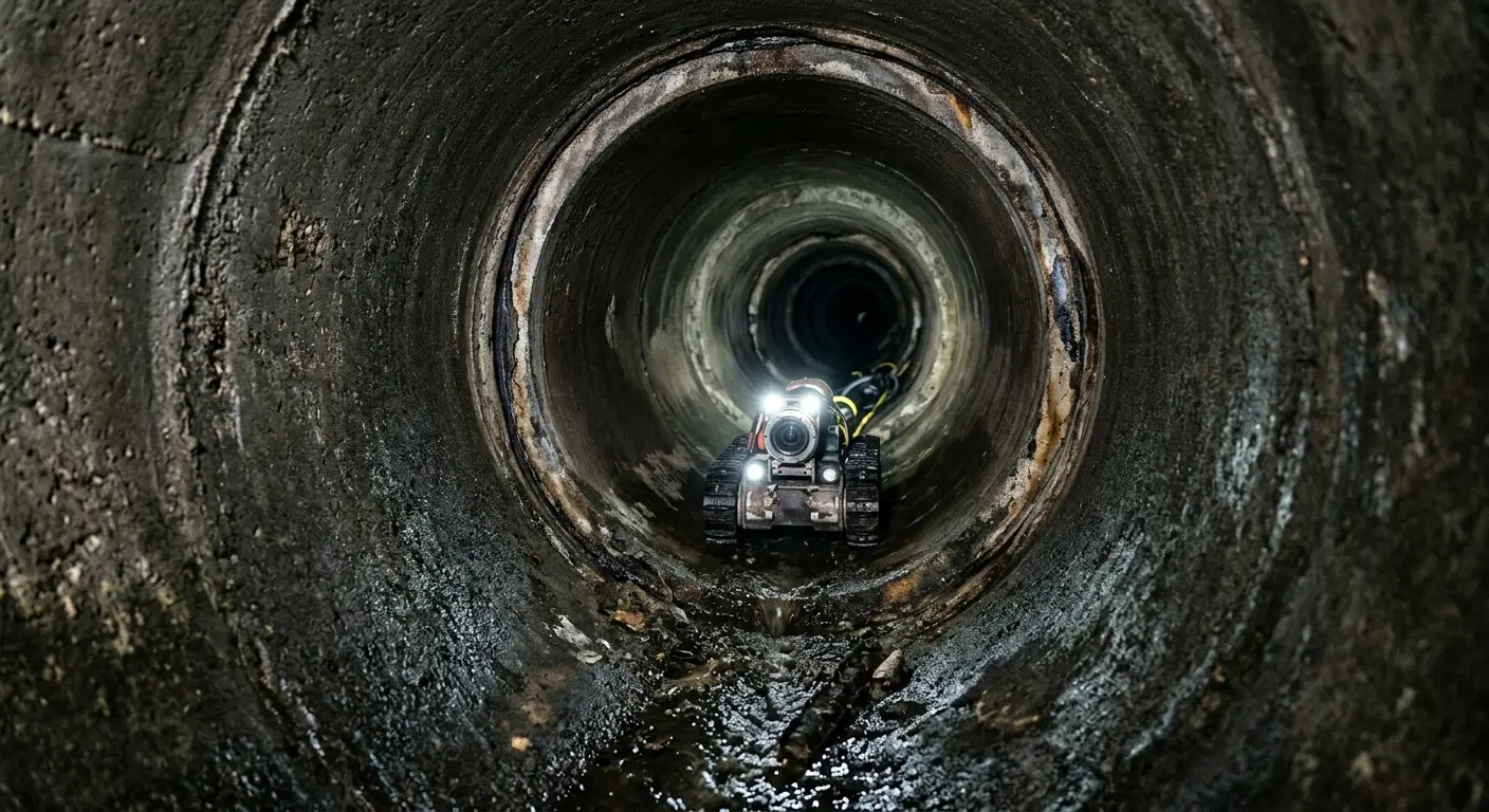 Robotic sewer camera inspecting pipe interior for Sewer Line Cleaning in Livingston