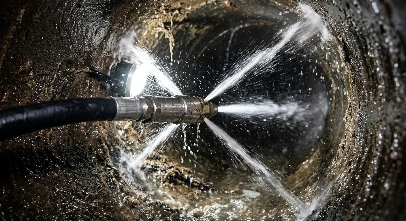 High-pressure hydro jetting nozzle cleaning sewer pipe for Trenchless Sewer Repair in Livingston