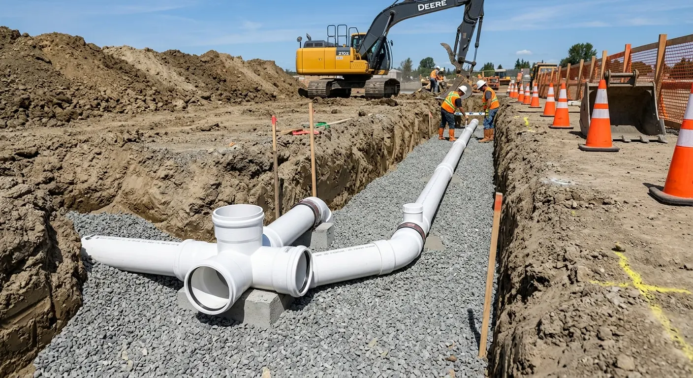 New PVC sewer pipe installation in open trench for Commercial Drain Cleaning in Livingston
