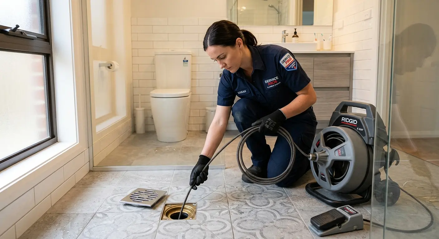 Technician clearing a bathroom floor drain for Clogged Drain Repair in Livingston